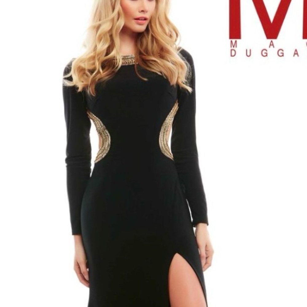 MacDuggal full length gown with gold sequins